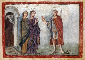 Episode aus Vergils Aeneis (70-19 v. Chr.): Darstellung von Aeneas und Dido. Dido versucht, Aeneas zurückzuhalten. Die verzweifelte Dido wird Suizid begehen. Miniatur aus dem „Codex Vaticanus Latinus 3225 oder Vergilius Vaticanus“, Folio 36. 5.