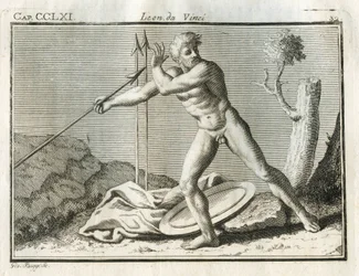 Studien über die menschliche Figur, die einen Gegenstand mit großer Wucht von sich wirft. „Dann wird die Innenseite des Fußes mit derselben Linie wie die Brust sein, aber die gegenüberliegende Schulter wird über dem Fuß sein.“ Gravur aus „Trattato della pi