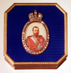 Fabergé-Blaue-Emaille-Box mit Porträt von Zar Nikolaus II.