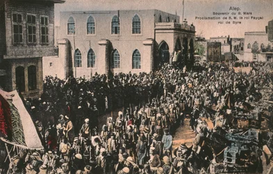 Faisal zum König des Arabischen Königreichs Syrien proklamiert am 7. März 1920, Aleppo, Postkarte (farbige Fotolithografie)