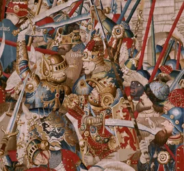 Flämischer Wandteppich. Serie Der Trojanische Krieg. Achills Zelt (La Tienda de Aquiles). Sechster Wandteppich der Serie. Modell Coëtivy Meister (Henry oder Conrard de Vulcop). Herstellung Tournai Werkstätten. Ca. 1470. Stoff Wolle und Seide, 6/7 Ketten pr