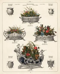 Blumenständer, Blumenschalen, Vasen und Jardinièren. Lithographie aus einem Katalog von Metallwaren der Württembergischen Metallwarenfabrik, Geislingen, Deutschland