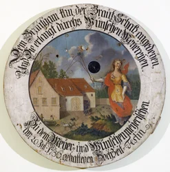 Fränkisches Museum Feuchtwangen, Mittelfranken, Bayern. Schützenscheibensammlung Hochzeitsscheibe von 1756 mit Göttin Fortuna