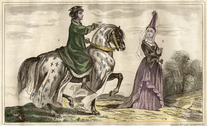 Französischer König Karl IV. (1322) und Jeanne de Flandre (1295-1374), Gräfin von Montfort (1340), Gravur von Rebel