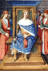 Der französische König Ludwig IX. (der heilige Ludwig, 1214-1270, König von 1226 bis 1270) auf seinem Thron, französische Buchmalerei