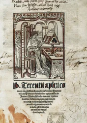 Frontispiz der Komödien des Komödiendichters Terenz (Publius Terentius Afer) (190-145 v. Chr.). Der Autor ist dargestellt.
