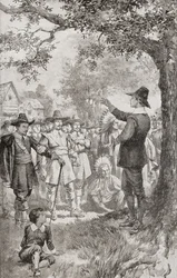 George Fox predigt 1671 einer Menge in Maryland, Amerika, während eines viertägigen Treffens lokaler Quäker. George Fox