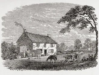 George Stephensons Geburtshaus. George Stephensons aus dem 18. Jahrhundert stammendes steinernes Wohnhaus in Wylam, Northumberland, England, hier im 19. Jahrhundert zu sehen. Aus Great Engineers, veröffentlicht um 1890