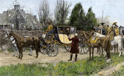 George Washington (1732-1799) wird von seinen Nachbarn begrüßt, als er 1789 Virginia verlässt, um seine Pflichten als Präsident der Vereinigten Staaten zu übernehmen (Farbstich des 19. Jahrhunderts)
