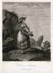 Mädchen aus Montmelian, in Gironde, spielt das alte Rad (Gravur)