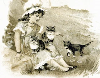 Mädchen kehrt mit Katzen auf den Knien zurück. Postkarte um 1900. Chromolithographie