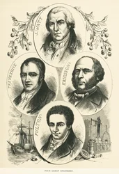 Große Ingenieure und Erfinder: James Watt, John Ericsson, Robert Fulton, Richard Trevithick, ca. 1880