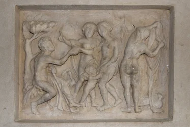 Griechische Mythologie: Das Urteil des Paris. Der Hirte Paris muss die Schönste der drei Göttinnen wählen: Aphrodite (Venus), begleitet von Amor, Hera (Juno) und Athene (Minerva). Er wählt Aphrodite, der er einen goldenen Apfel überreicht. Relief