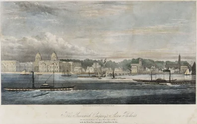 Dampfschiffe der Greenwich Transport Company (Greenwich, Royal Tar, Gipsy, Water Lily und Fly) vor den Gebäuden des Piers von Greenwich (England)