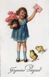 Grußkarte zu Ostern: ein kleines Mädchen bringt einen versiegelten Brief, begleitet von zwei Küken - Postkarte Ende 19.-20. Jahrhundert