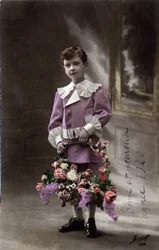 Neujahrskarte: Ein Kind hält einen Korb mit Blumen - Postkarte von 1920