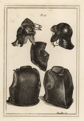 Helm, Brustplatte und Rückenstück, getragen von Roundhead-General Robert Greville, Lord Brooke, als er in Lichfield getötet wurde