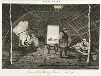 Hütte von Kamtschatka (Halbinsel im äußersten Osten Russlands) und Transportschlitten, um 1810