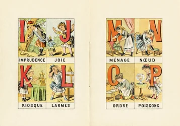 I: Unvorsichtigkeit; J: Freude; K: Kiosk; L: Tränen; M N O P: Haushalt, Knoten, Ordnung, Fische - Gravur aus ABCD der kleinen Mädchen. Pellerin & Cie, Drucker-Verleger, Epinal, um 1890. Serie A. Maße: 19 x 13,5 cm.