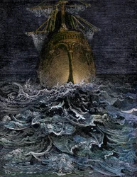 Ich beobachtete das Meer in Zersetzung, der Rumpf eines Schiffes auf dem Meer bei Nacht - Illustration von Gustave Doré (1832-1883) für „La Lournte du vieux sailor“ von Samuel Taylor Coleridge (1772-1834) - Kolorierte Gravur