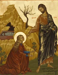 Ikone in der melkitischen Kathedrale von Haifa: Maria Magdalena mit dem auferstandenen Christus, Haifa, Israel