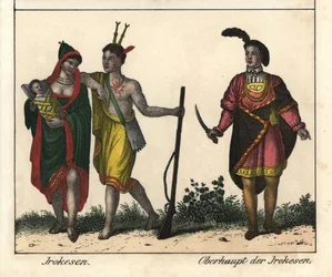 Irokesen, ein Paar mit einem Baby, der Mann mit dem Gewehr hat einen tätowierten Körper, und der Stammesführer. Lithografie für das Buch „Galerie complète en tableaux fidèles des peuples d