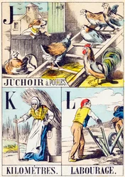 J K L: Hühnerstall, Kilometer, Pflügen - „Alphabet des Bauernhofs“ Ende des 19. Jahrhunderts (Gravur)