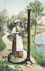 J: Eine Frau in langem Rock, Schürze und Mieder trägt einen Korb mit Blumen. Ländliche Umgebung - Alphabet Figuren Ref Th. E., L. Theochrom - Serie 994. Theodor Eisman, Verleger, Leipzig