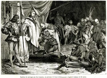 Jean de Bethencourt, normannischer Edelmann, Baron de Saint Martin le Gaillard, eroberte und christianisierte die Kanarischen Inseln im Januar 1405, aus der Zeitschrift "Sur terre et sur mer" Nr. 28, 8. Januar