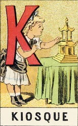 K: Kiosk - Gravur aus ABCD der kleinen Mädchen. Pellerin & Cie, Drucker-Verleger, Epinal, um 1890. Serie A. Maße: 19 x 13,5 cm.