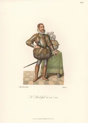 König Rudolf II., Heiliger Römischer Kaiser, König von Böhmen, Erzherzog von Österreich (1552-1612). In Spitzenkrause, Plattenpanzer mit Gold verziert, geschlitzte gepolsterte Hosen und Kettenhemdsocken. Chromolithographie aus Hefner-Alteneck