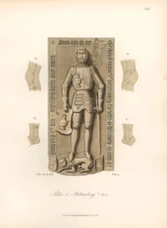 Ritter in Rüstung des 15. Jahrhunderts, mit Details der Bindungen an Knien und Ellbogen - Grabstein von Peter von Stettenberg, gestorben 1441 - Chromolithographie, Zeichnung von Jakob Heinrich von Hefner-Alteneck (1811-1903), für sein Buch "Costumes, craft