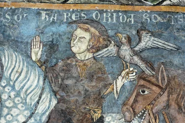 Legende der Gründung der Abtei von Vezzolano: König Karl der Große (Karl I. der Große) (742-814) jagte Falken. Es soll der Ursprung des Baus der Abtei gewesen sein. Fresko des Kreuzgangs der Abtei von Vezzolano. Piemont, Italien
