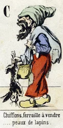 Buchstabe C "Lumpen, Altmetall zu verkaufen... Kaninchenfelle." Alphabet "Kindervergnügen". Epinal-Bildgebung, um 1890. Beliebte Serie. Kleines Heft mit 8 Seiten.
