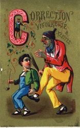 Buchstabe C: Starke und verdiente Korrektur. Gravur in "Alphabet des grotesques". Serie von 25 Werbe-Chromolithographien auf goldenem Hintergrund, Ende des 19. Jahrhunderts.