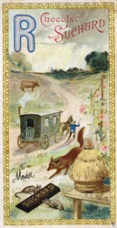 Buchstabe R: Strahlen, Wiederkäuer, Anhänger, Bienenstock, Fuchs, Ratten, Rose. Gravur des Alphabets herausgegeben von Chocolat Suchard, Anfang des 20. Jahrhunderts. 24 Chromolithografien.