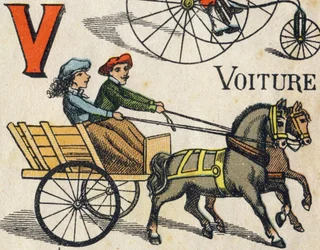 Buchstabe V für Auto. Gravur in "ABC Toys". Epinal-Bildgebung in Chromolithographie, um 1890. Kleines Heft mit 8 Seiten.