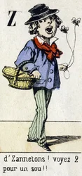 Buchstabe Z: "von Zannetons! Siehe 2 für einen Penny!!" Alphabet "Kindervergnügen". Imaging von Epinal, ca. 1890. Beliebte Serie. Kleines Heft mit 8 Seiten.