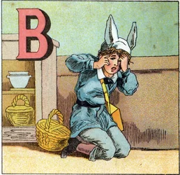 Buchstabe B wie Eselshut. Gravur in „Alphabet des petits écoliers“. Bild von Epinal, um 1885. Private Sammlung