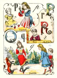 Buchstaben P Q und R wie ängstlich, Lachen und Quadrille. Gravur in „Spaßalphabet“. Bild von Pont-à-Mousson. Druck und Verlag Louis Vagne, Ende des 19. Jahrhunderts