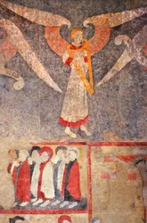Loire Atlantique Nr. 080 - St-Sulpice des Landes - Kirche genannt „altes Dorf“ - Wandmalereien des 15. Jahrhunderts - Engel des Gewölbes spielt die „Rebec“ (Geige)