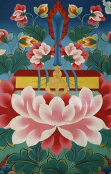 Lotusblume, Schwert des Wissens und heilige Schrift. Kopan-Kloster, Kathmandu, Nepal