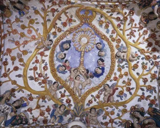 Untersicht eines Wandgemäldes auf der Kuppel einer Kirche, Santo Domingo Kirche, Oaxaca, Bundesstaat Oaxaca, Mexiko