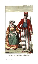Mann und Frau aus Arkadien, Peloponnes, Griechenland. Illustration aus Francois Pouquevilles Reisen durch Morea, Albanien und mehrere andere Teile des Osmanischen Reiches