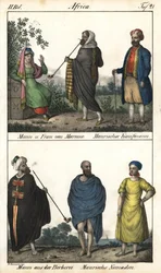Mann und Frau aus Marokko, oben ein maurischer Kaufmann und ein marokkanisches Paar, ein maurischer Kaufmann, und unten ein Berber in einem Mantel sowie ein Paar maurischer Nomaden. Lithografie für das Buch „Galerie complète en tableaux fidèles des