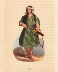 Mann des Karen-Stammes (Karene oder Karyang) (Burma, Myanmar) - Mann des Karen-Stammes aus dem Süden Burmas - Handkolorierter Holzschnitt aus „Mores, Uses et Costumes de tous les Peoples du Monde, Asie“ von Auguste Wahlen, Pseudonym von Jean Francois Nicol