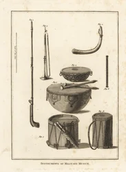 Militärische Musikinstrumente: Trompete, Horn, Pfeife, Kesselpauke, Seitentrommel