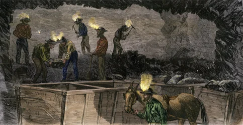 Bergleute graben die Mine und laden die Kohle in kleine Wagen, die von Maultieren gezogen werden, in Pennsylvania. Farbige Gravur von 1860