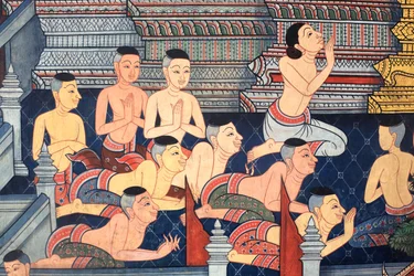 Mönche. Wandbilddetail an den Innenwänden der Vihara aus der Ära von König Rama III, das den Ramakian darstellt. Wat Pho - Wat Phra Chettuphon. 1788. Bangkok. Thailand