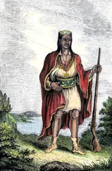 Ureinwohner Amerikas: Indianer der Vereinigten Staaten. Metacomet (ca. 1639-1676), auch bekannt als König Philip oder Metacom, Häuptling der Wampanoag (Massachusetts, Neuengland) (Farbstich)